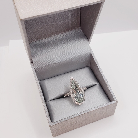 Montezuma Prasiolite & White Zircon Pear Shape Halo Ring in Platinum | Sterling